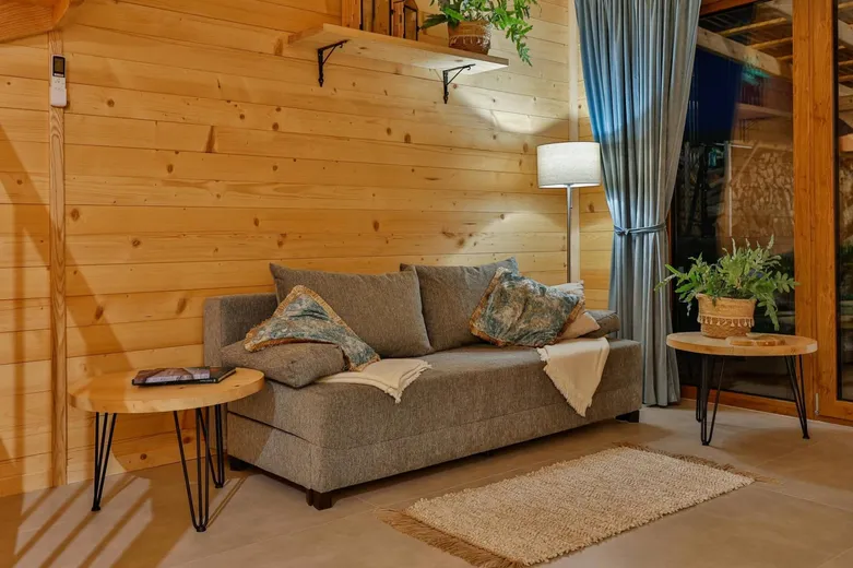 Sofa i lampa w drewnianym salonie
